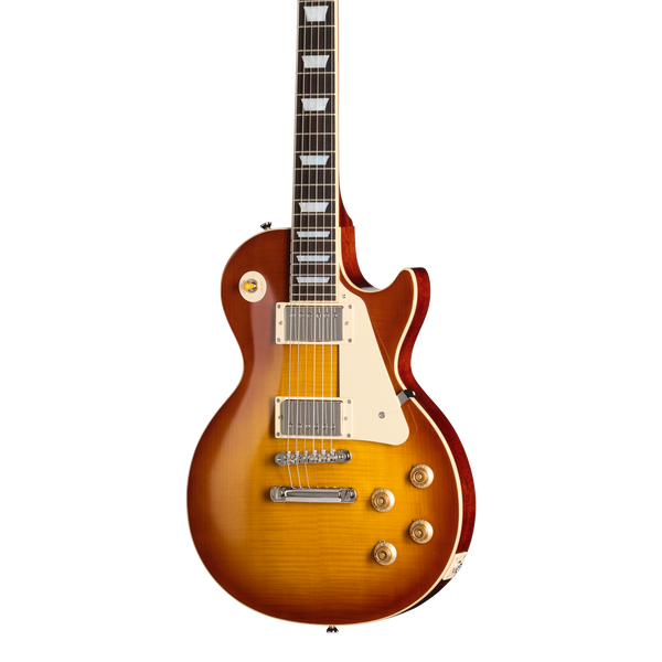 Front of Epiphone Inspired by Gibson Custom 1959 Les Paul Standard Reissue Golden Poppy Burst.