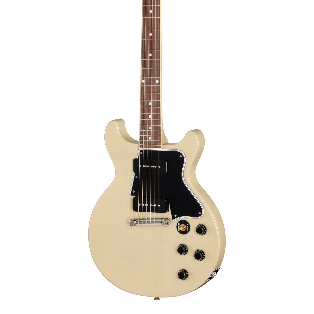 Front of Epiphone Inspired by Gibson Custom 1960 Les Paul Special Double Cut Reissue TV White.