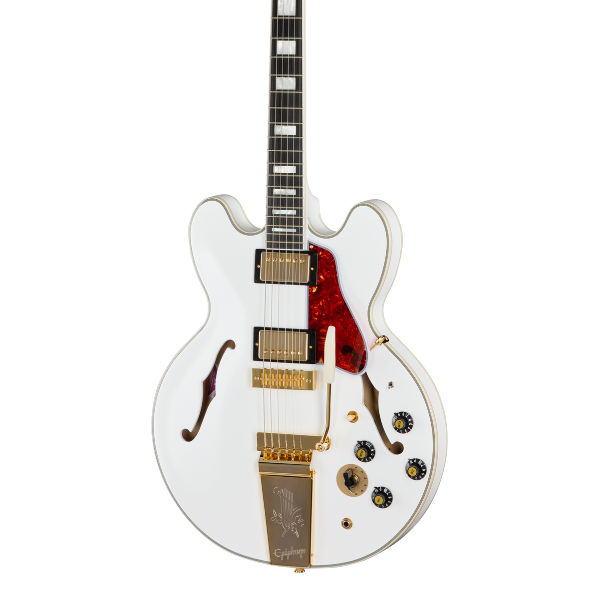 Front of Epiphone Inspired by Gibson Custom Alex Lifeson 1976 ES-355 Reissue Alpine White.