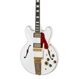 Front of Epiphone Inspired by Gibson Custom Alex Lifeson 1976 ES-355 Reissue Alpine White.