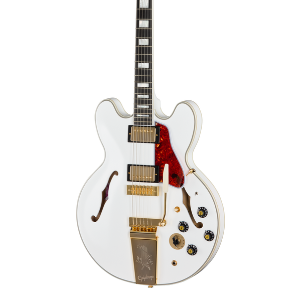 Front of Epiphone Inspired by Gibson Custom Alex Lifeson 1976 ES-355 Reissue Alpine White.