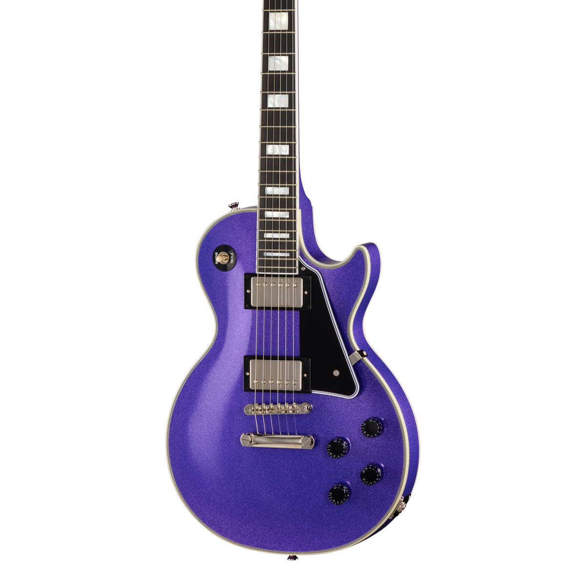 Front of Epiphone Inspired by Gibson Custom Les Paul Custom Amethyst Sparkle.