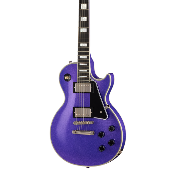 Front of Epiphone Inspired by Gibson Custom Les Paul Custom Amethyst Sparkle.