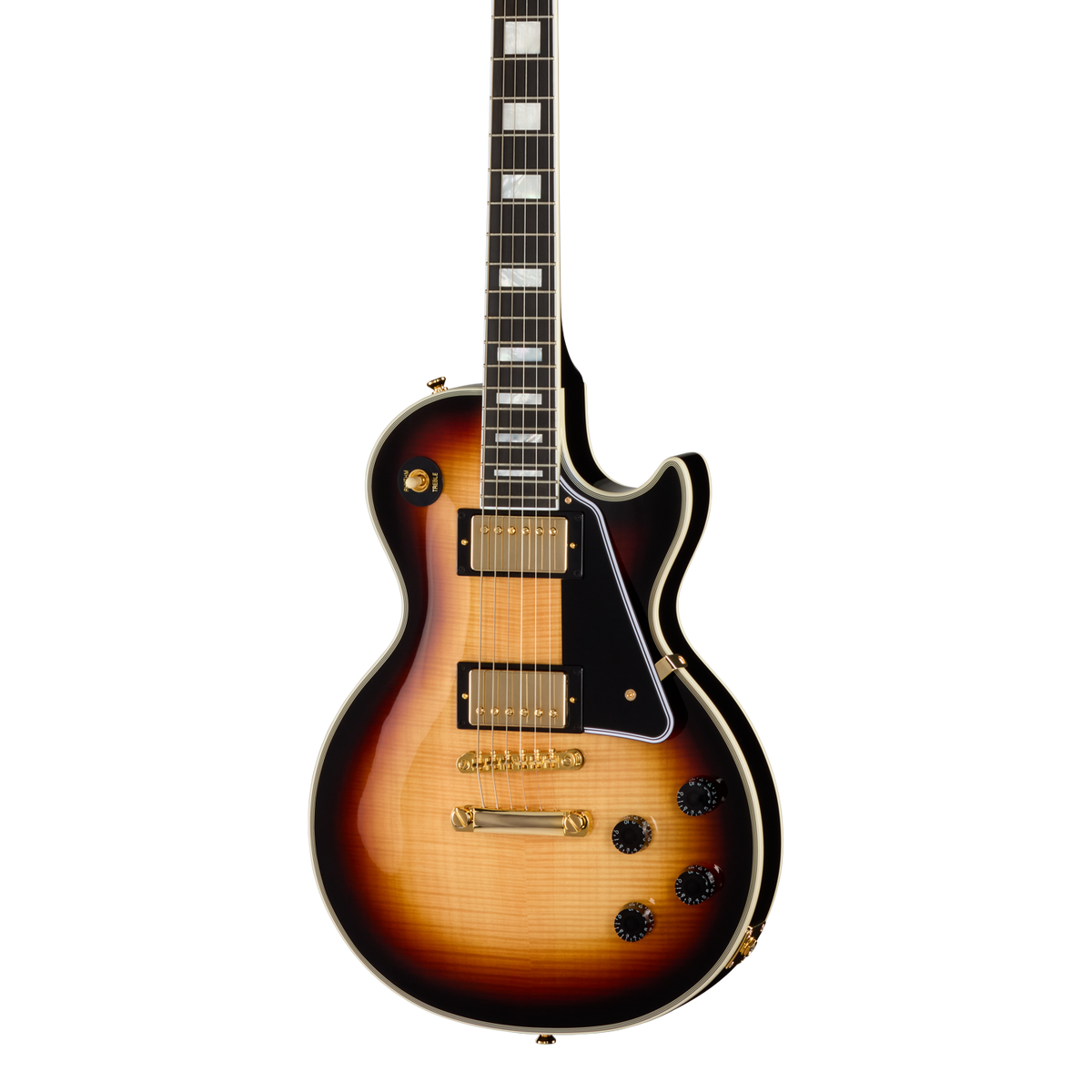 Front of Epiphone Inspired by Gibson Custom Les Paul Custom Sedona Burst.