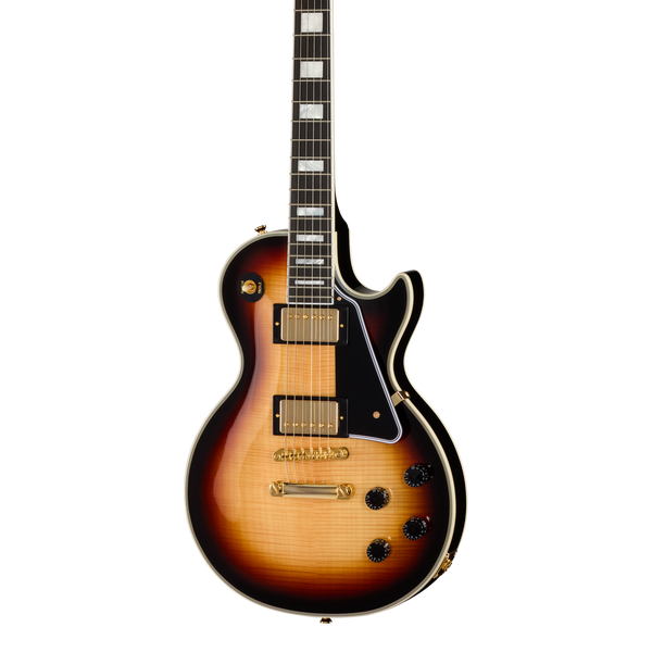 Front of Epiphone Inspired by Gibson Custom Les Paul Custom Sedona Burst.