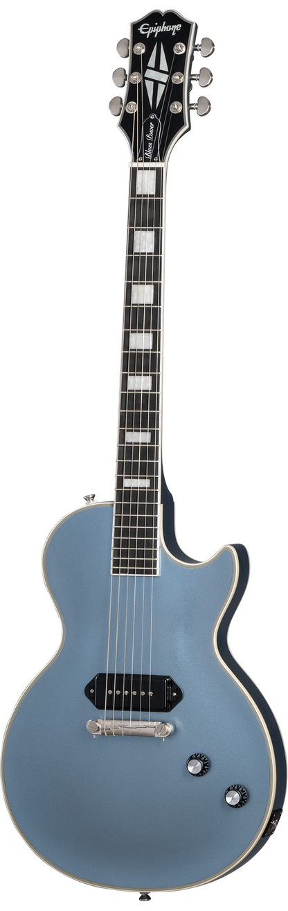 Full frontal of Epiphone Jared James Nichols Blues Power Les Paul Custom Pelham Blue.