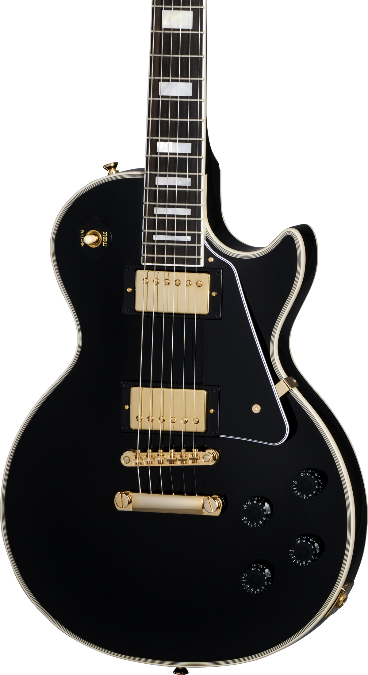 Front of Epiphone Les Paul Custom Ebony.
