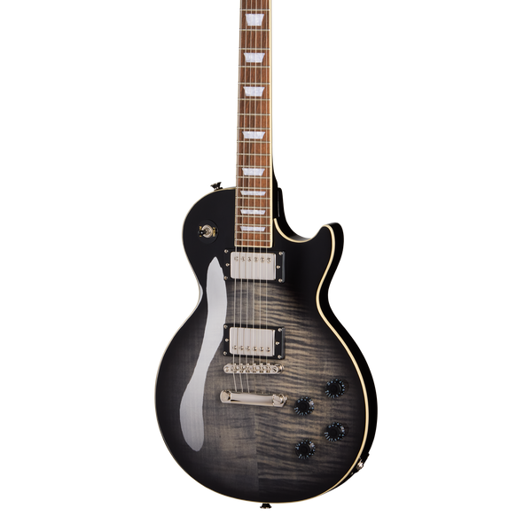 Front of Epiphone Les Paul Tribute Plus Ebony Burst.