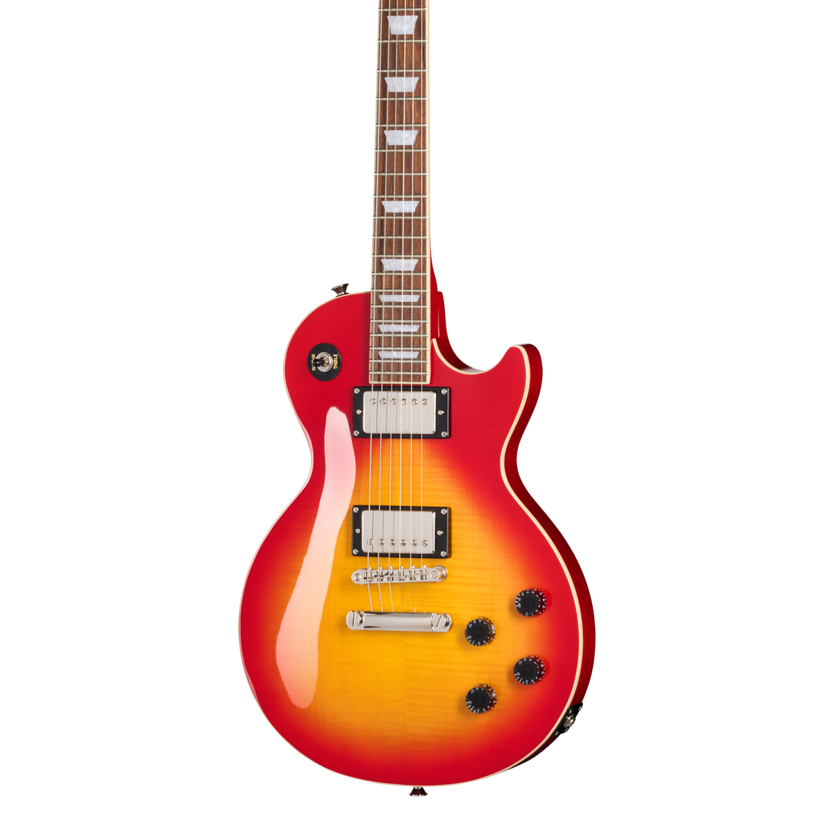 Front of Epiphone Les Paul Tribute Plus Heritage Cherry Sunburst.