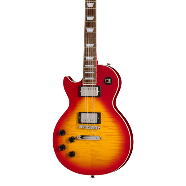 Front of Epiphone Les Paul Tribute Plus LH Heritage Cherry Sunburst.