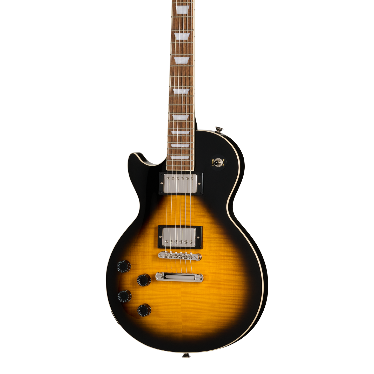Front of Epiphone Les Paul Tribute Plus LH Vintage Sunburst.