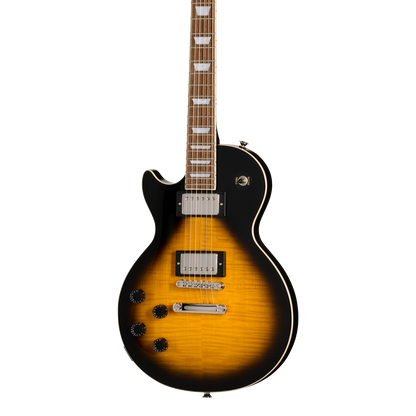 Front of Epiphone Les Paul Tribute Plus LH Vintage Sunburst.