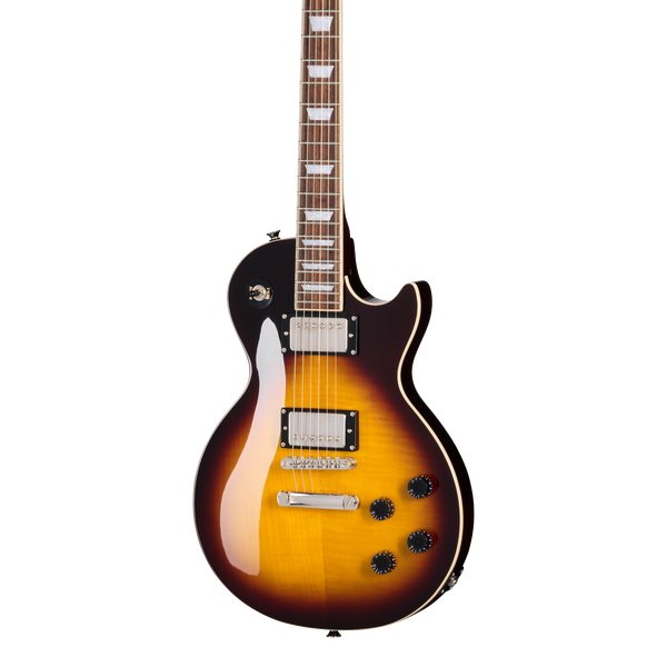 Front of Epiphone Les Paul Tribute Plus Vintage Sunburst.
