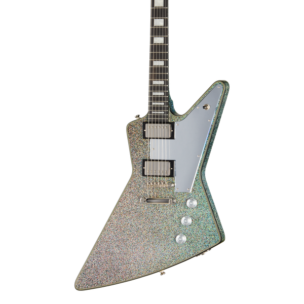 Front of Epiphone Lzzy Hale Explorer Custom Black Diamond Holographic Sparkle.