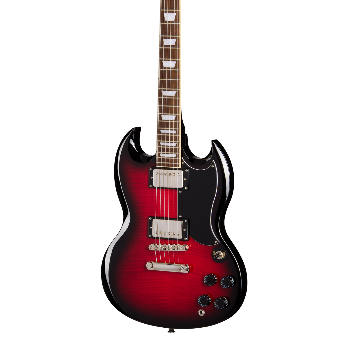 Front of Epiphone SG Tribute Plus Cherry Burst.
