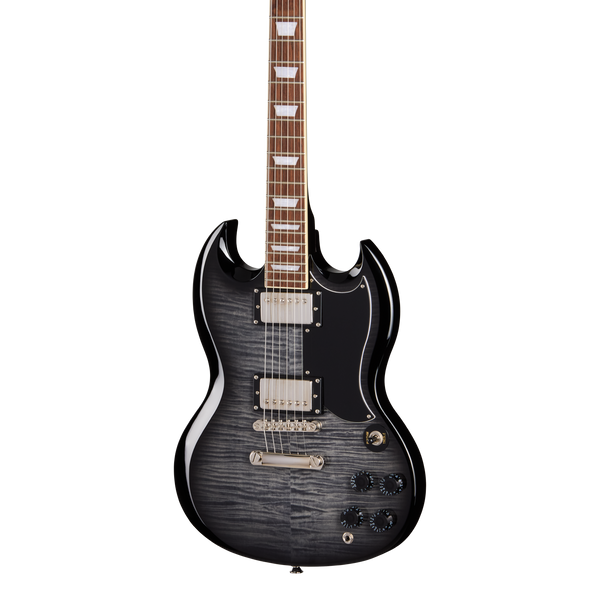 Front of Epiphone SG Tribute Plus Ebony Burst.