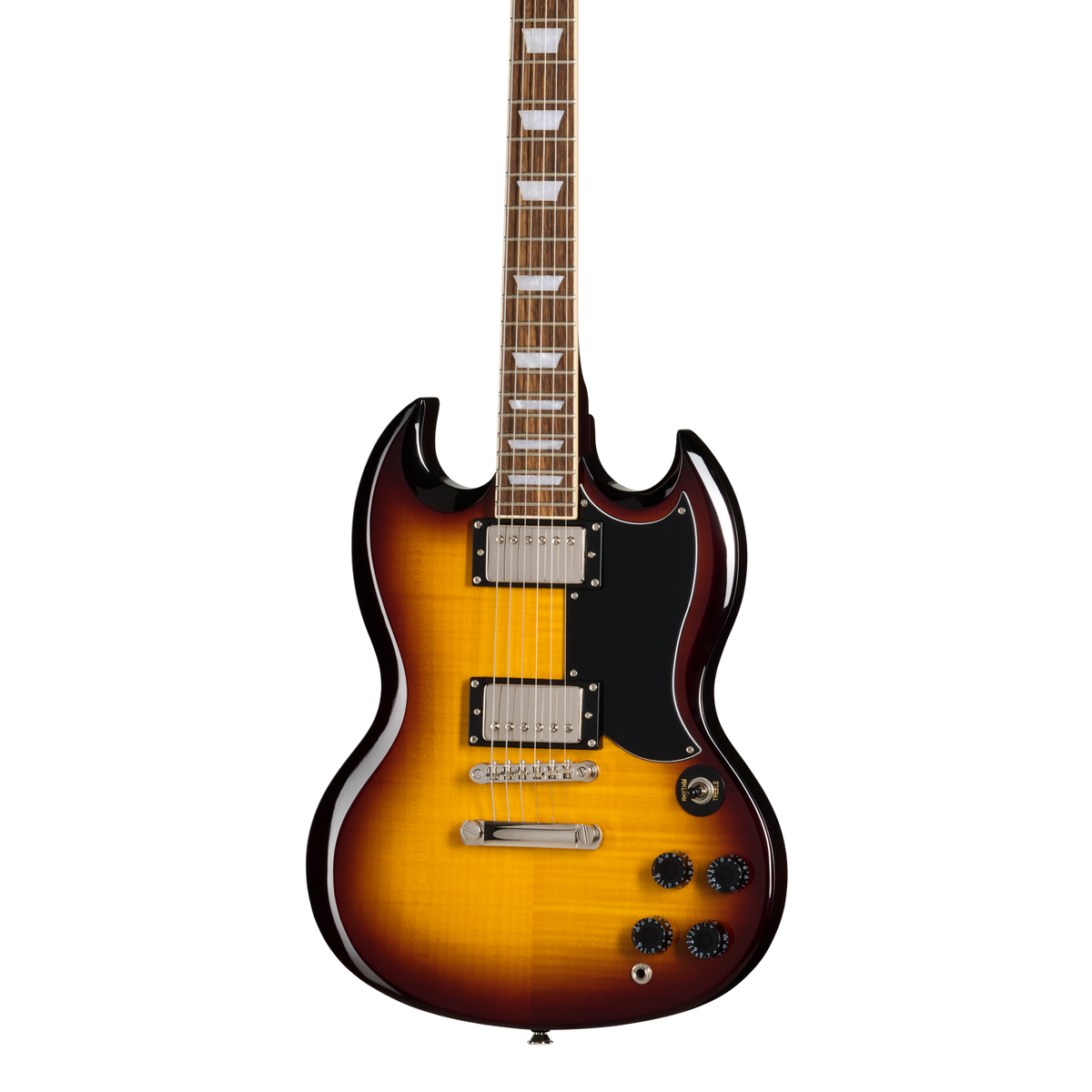 Front of Epiphone SG Tribute Plus Vintage Sunburst.
