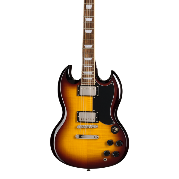 Front of Epiphone SG Tribute Plus Vintage Sunburst.