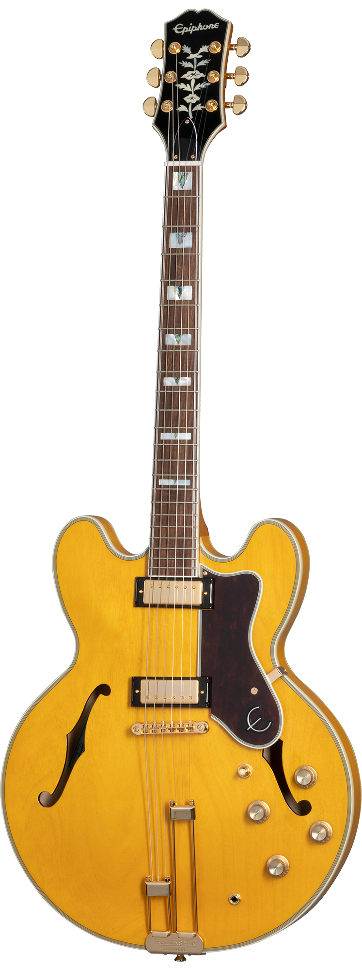 Full frontal of Epiphone Sheraton Natural.