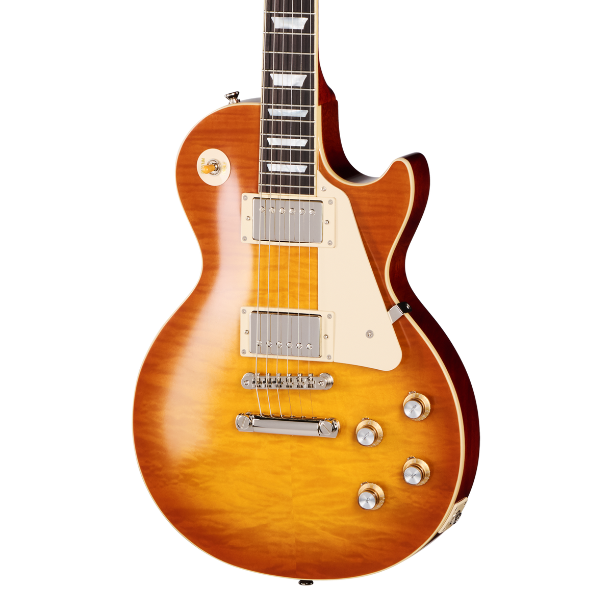 Front of Epiphone 1960 Les Paul Standard Reissue Iced Tea Burst.