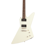 Front of Epiphone Explorer 80s EMG Classic White.