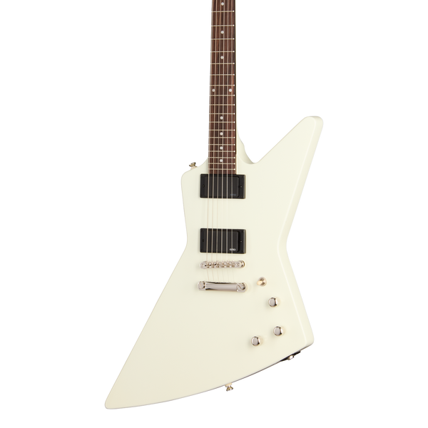 Front of Epiphone Explorer 80s EMG Classic White.