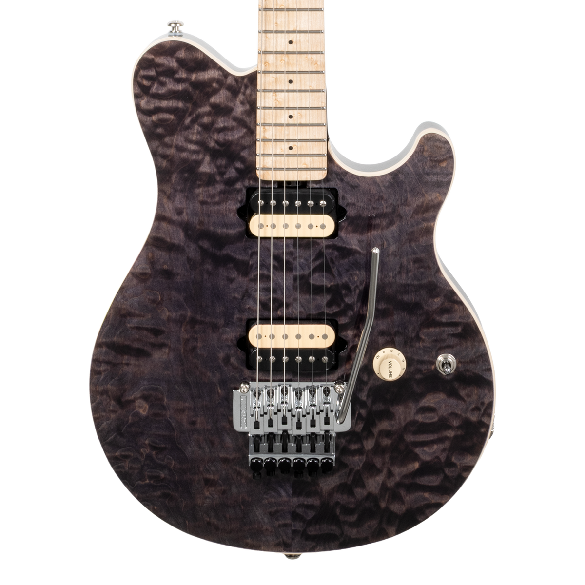 Front of Ernie Ball Music Man 30th Anniversary Axis Translucent Black Quilt.