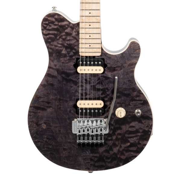 Front of Ernie Ball Music Man 30th Anniversary Axis Translucent Black Quilt.