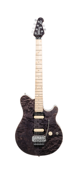 Full frontal of Ernie Ball Music Man 30th Anniversary Axis Translucent Black Quilt.