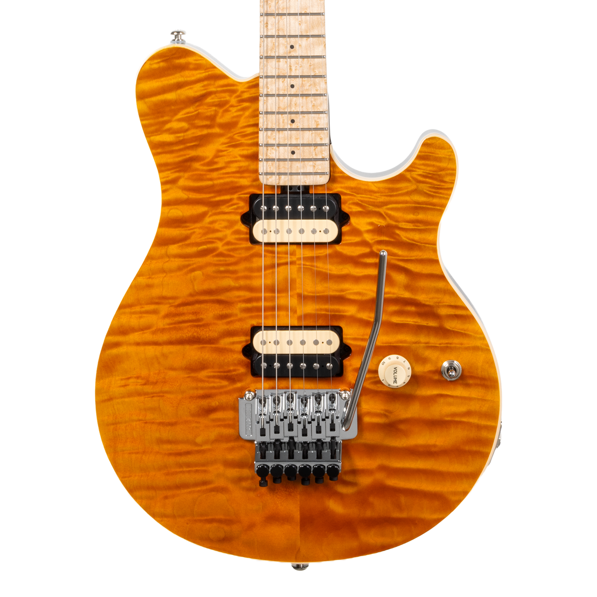 Front of Ernie Ball Music Man 30th Anniversary Axis Translucent Gold Quilt.