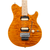 Front of Ernie Ball Music Man 30th Anniversary Axis Translucent Gold Quilt.