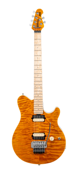 Full frontal of Ernie Ball Music Man 30th Anniversary Axis Translucent Gold Quilt.