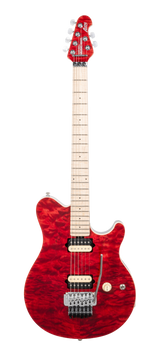 Full frontal of Ernie Ball Music Man 30th Anniversary Axis Translucent Red Quilt.