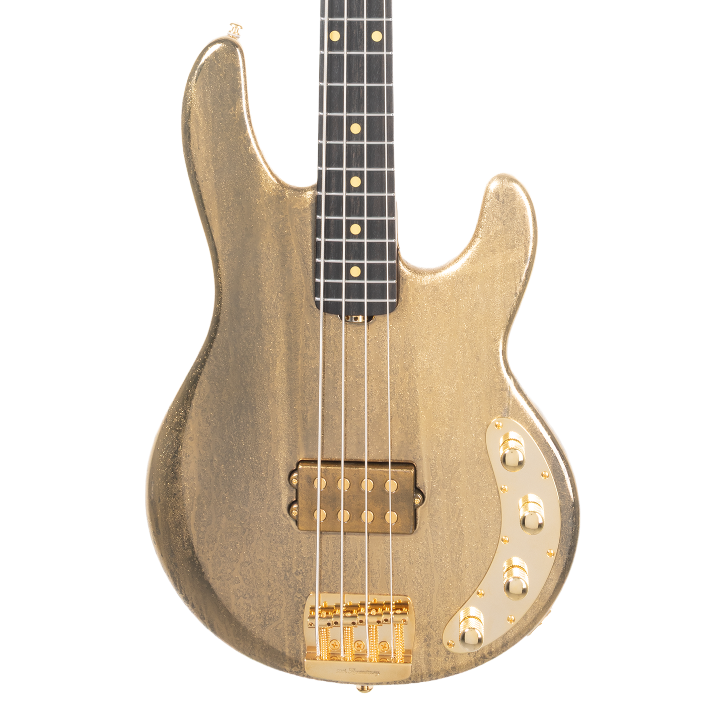 Front of Ernie Ball Music Man 50th Anniversary StingRay Molten Gold EB.