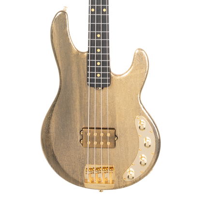 Front of Ernie Ball Music Man 50th Anniversary StingRay Molten Gold EB.