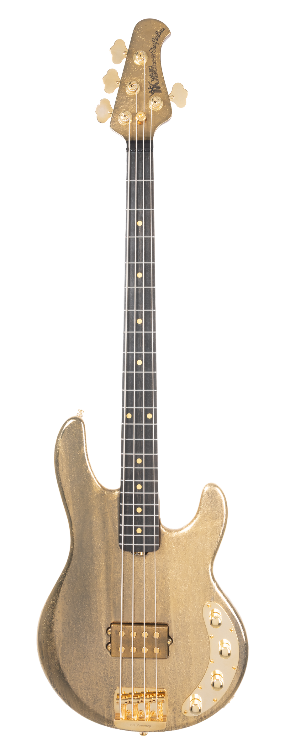 Full frontal of Ernie Ball Music Man 50th Anniversary StingRay Molten Gold EB.