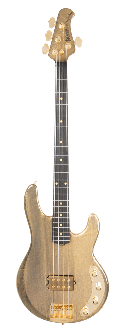 Full frontal of Ernie Ball Music Man 50th Anniversary StingRay Molten Gold EB.