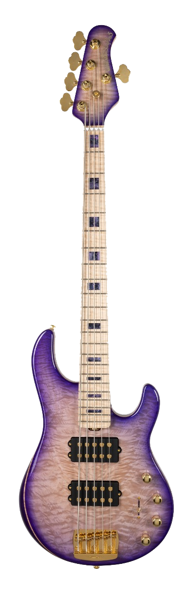 Full frontal of Ernie Ball Music Man BFR Moonbeam StingRay Special 5 HH 5-String Bass Figured White Maple Fretboard Trans Purple Burst.