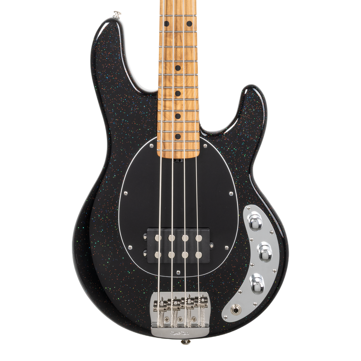 Front of Ernie Ball Music Man Short Scale StingRay Midnight Confetti.