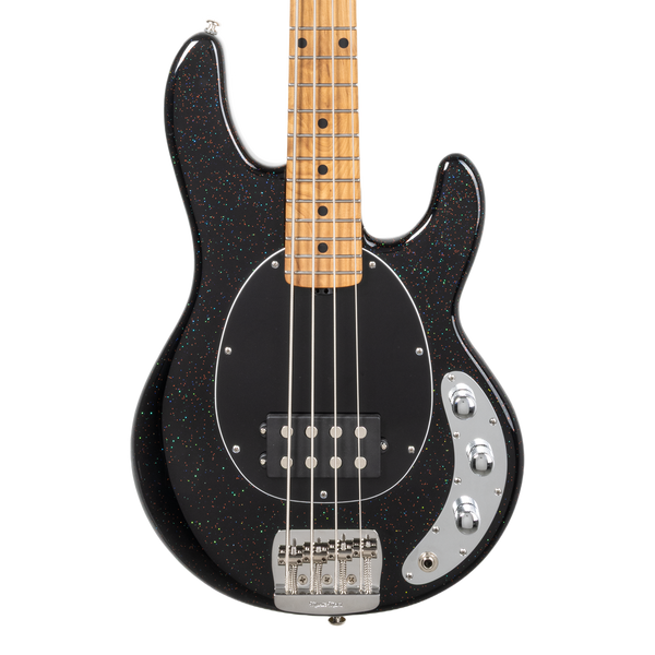 Front of Ernie Ball Music Man Short Scale StingRay Midnight Confetti.