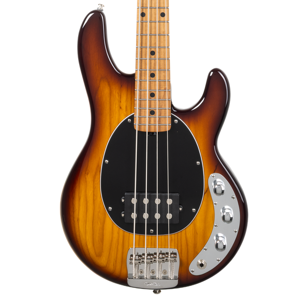 Front of Ernie Ball Music Man Short Scale StingRay Tobacco Burst.