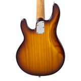 Back of body of Ernie Ball Music Man Short Scale StingRay Tobacco Burst.