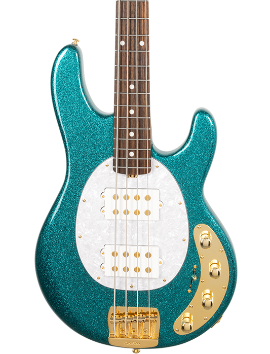 Front of Ernie Ball Music Man StingRay Special 4 HH Bass Ocean Sparkle RW.