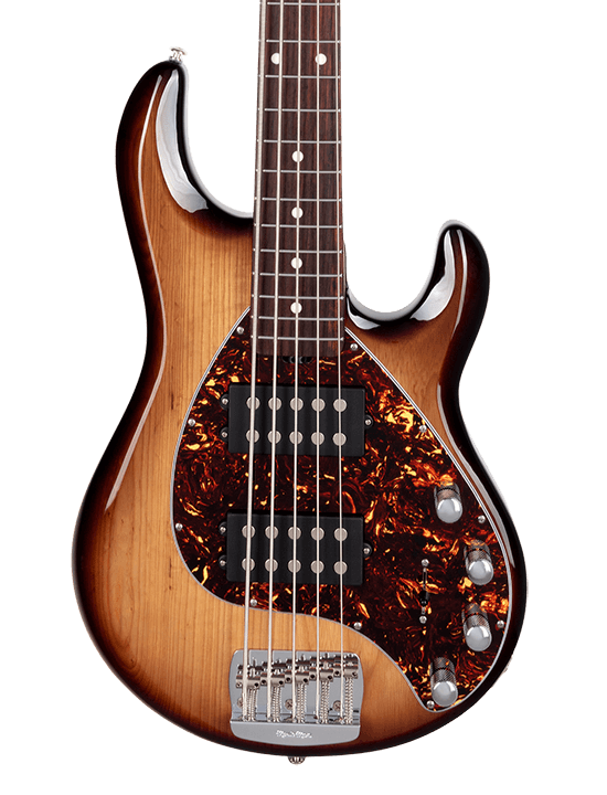 Front of Ernie Ball Music Man StingRay Special 5 HH Bass Burnt Ends Rosewood.