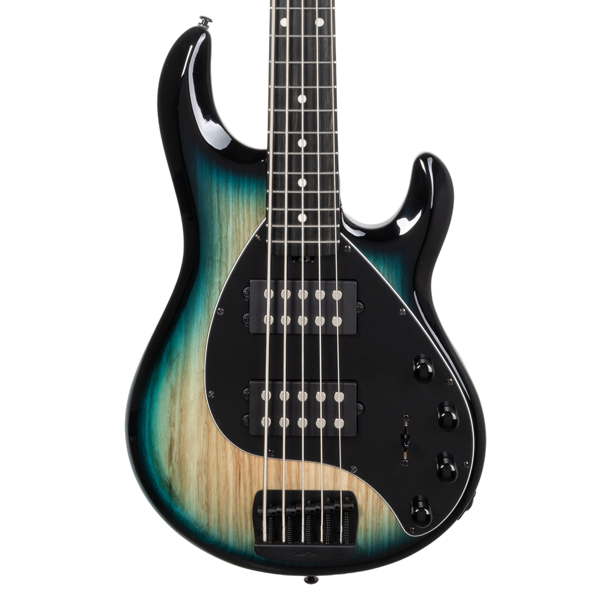 Front of Ernie Ball Music Man StingRay Special 5 HH Mean Blue Burst EB.