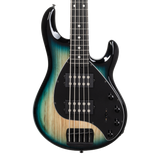Front of Ernie Ball Music Man StingRay Special 5 HH Mean Blue Burst EB.