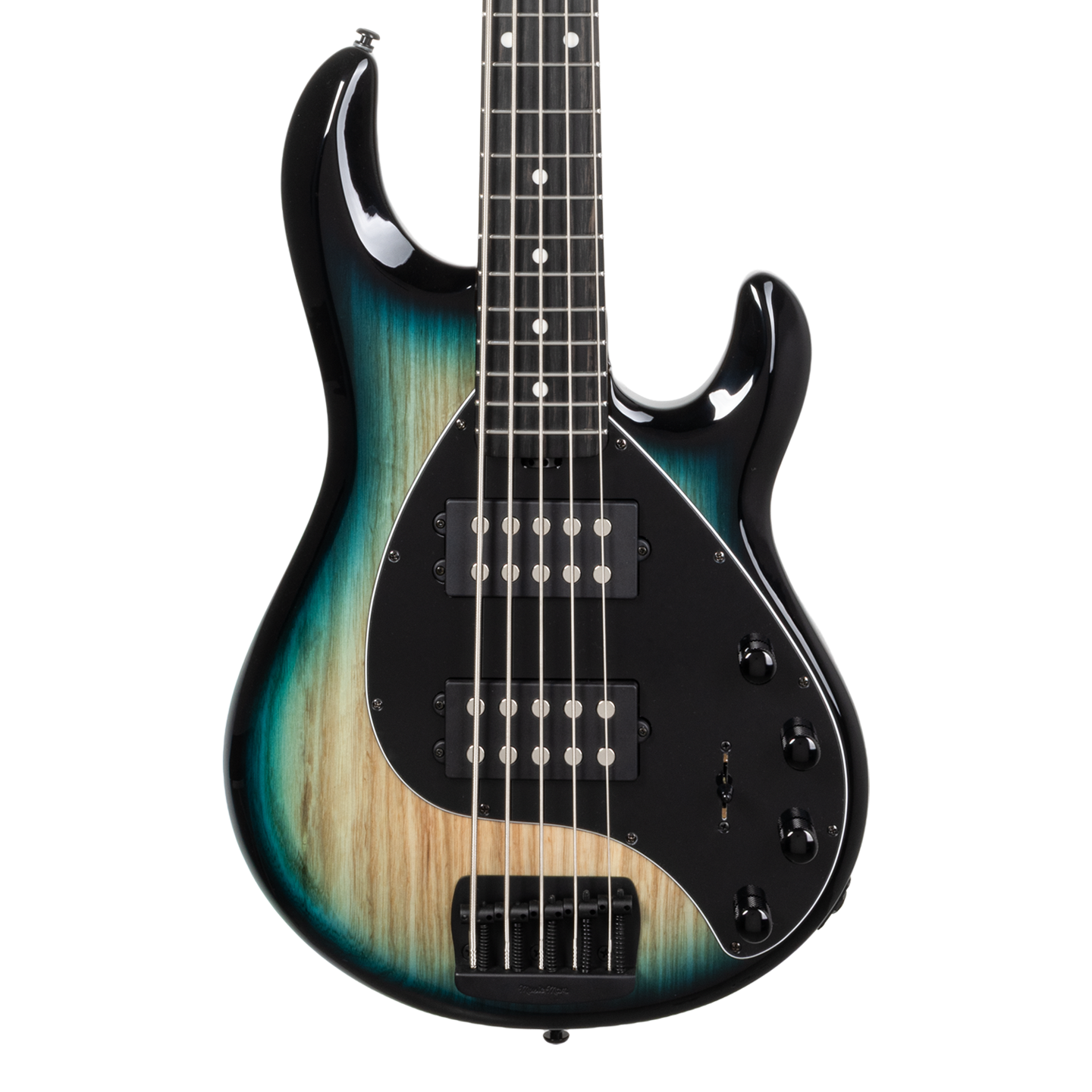 Front of Ernie Ball Music Man StingRay Special 5 HH Mean Blue Burst EB.