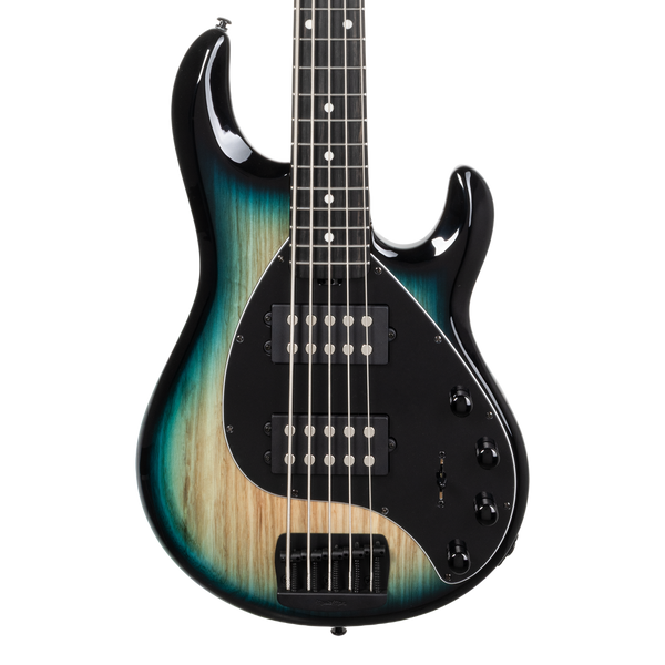 Front of Ernie Ball Music Man StingRay Special 5 HH Mean Blue Burst EB.