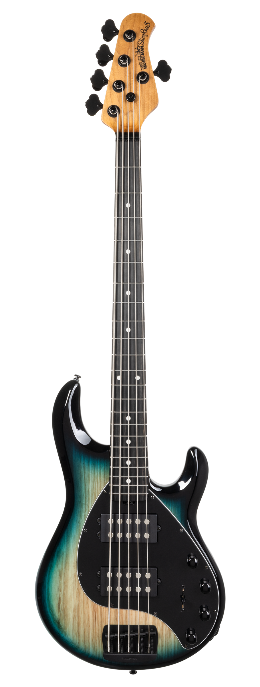 Full frontal of Ernie Ball Music Man StingRay Special 5 HH Mean Blue Burst EB.