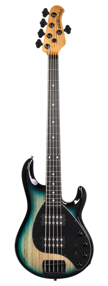 Full frontal of Ernie Ball Music Man StingRay Special 5 HH Mean Blue Burst EB.